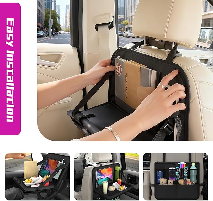 2 Pack Black Backseat Car Organizer with Tablet Holder & Six Storage Pockets - Back of Seat Car Organizer, Road Trip Essentials, Kick Mats for Kids, Vehicle Tidy Protector