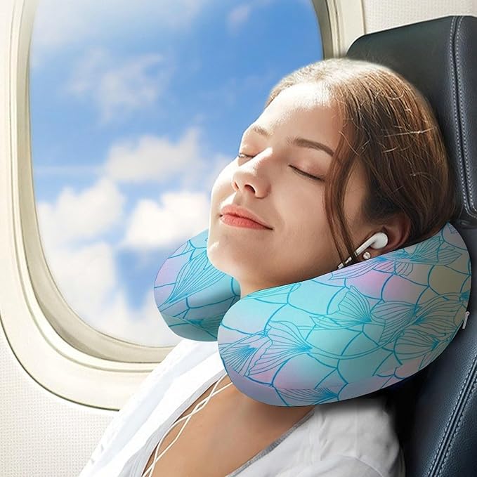 Travel Neck Pillow Memory Foam U Shaped Cushion Colourful Fish Scale Magic Mermaid Tail, Washable Cover for Airplane Car Office Home Sleeping Pain Relief