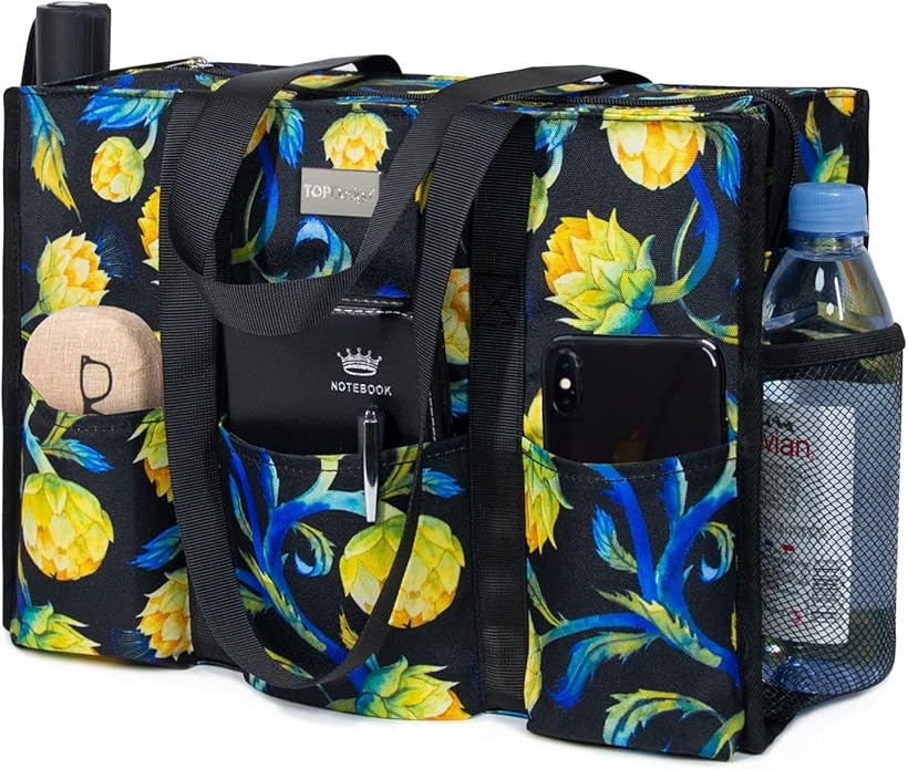 TOPDesign Utility Water Resistant Tote Bag with 13 Pockets, Top Zipper Closure & Thick Bottom Support, for Working Women
