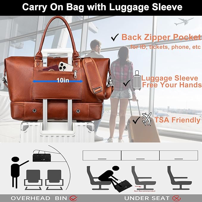 weiatas Faux Leather Travel Duffel Bag for Women Men, Large Weekender Overnight Bag with Shoes Compartment, Waterproof Carry On Bag Travel Tote Bag Gym Bag with Luggage Strap (Brown)