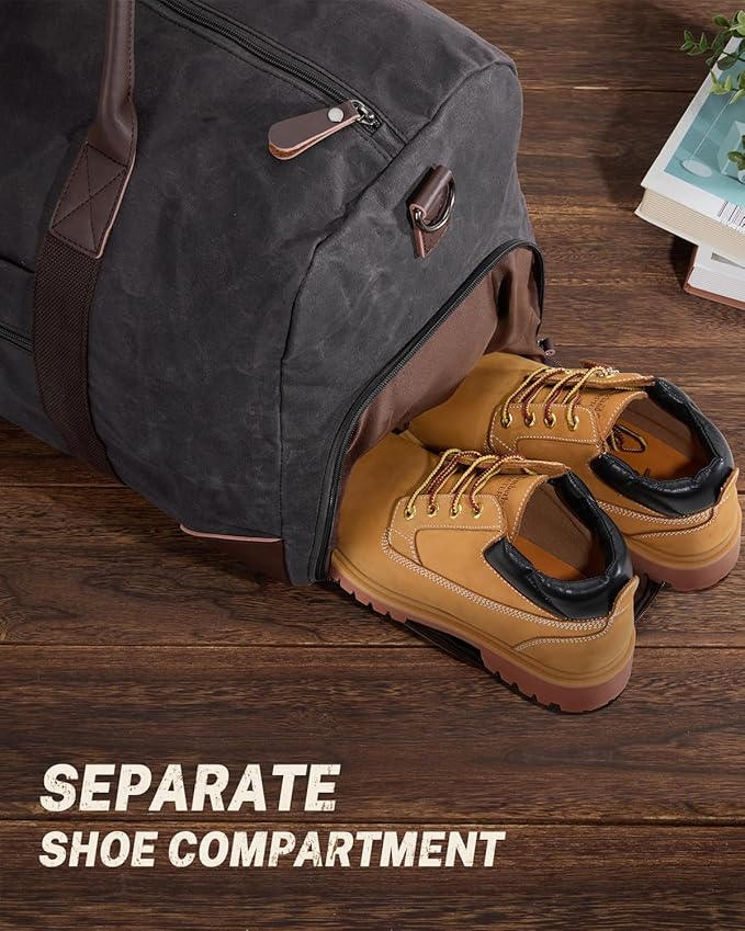 Gonex Waxed Canvas Duffle Bag for Travel, Water-resistant Vintage 55L Duffel Weekender with Shoes Compartment & Luggage Tag, Heavy-duty Overnight Bag with Suitcase Handle Sleeve for Men, Dark Grey