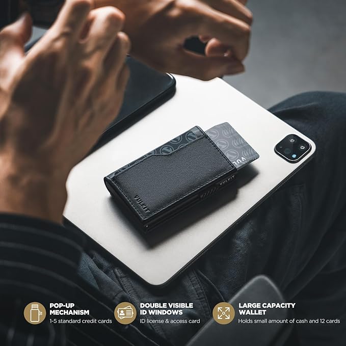 VULKIT Card Holder Wallet with Double ID Windows RFID Blocking Pop Up Wallet Minimalist Design for 12 Cards