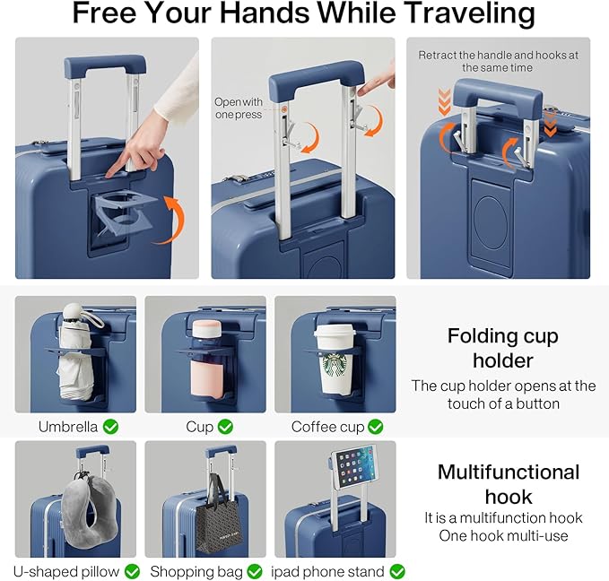 mixi Large Checked Luggage with Cup Phone Holder and Charger Hard Shell Suitcases with Spinner Wheels, 26 Inch Sapphire Blue