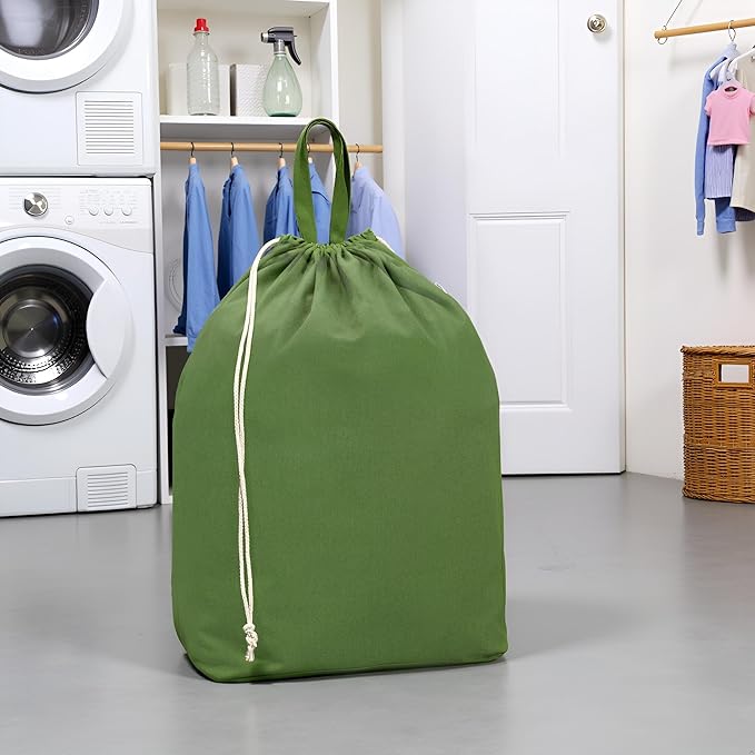 Canvas Laundry Bags with Handles & Rectangular Base, 90L Extra Large Heavy Duty Laundry Basket Hamper Liner Replacement, Washable Cotton Drawstring Dirty Clothes Bag (Army Green)