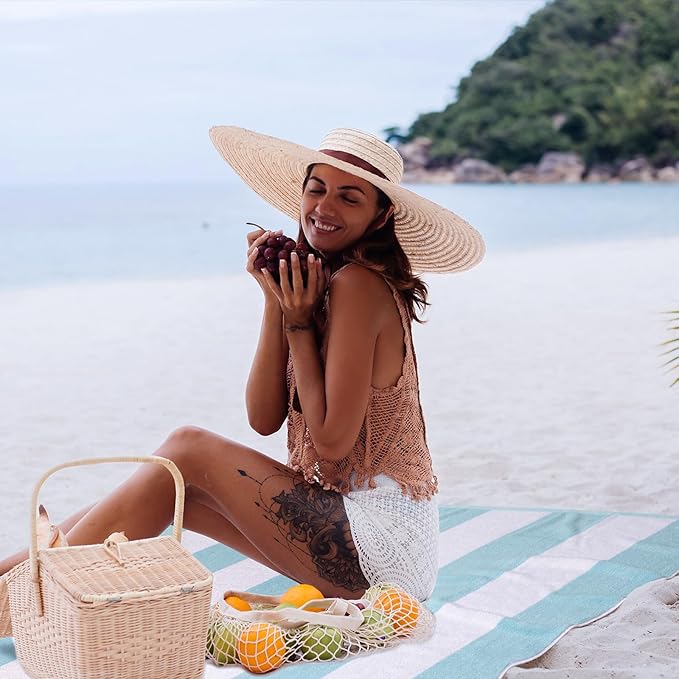 Cotton Oversized Beach Towel - 40 x70 Inch Extra Large Striped Pool Towel, Big Soft Terry Cloth Turquoise Cabana Swim Towel