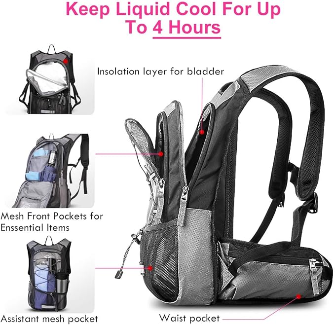 Hydration Pack, Insulated Hydration Backpack with 2L BPA Free Water Bladder and Storage, Hiking Backpack for Men, Women, Kids for Running, Cycling, Camping - Keep Liquid Cool up to 5 Hours