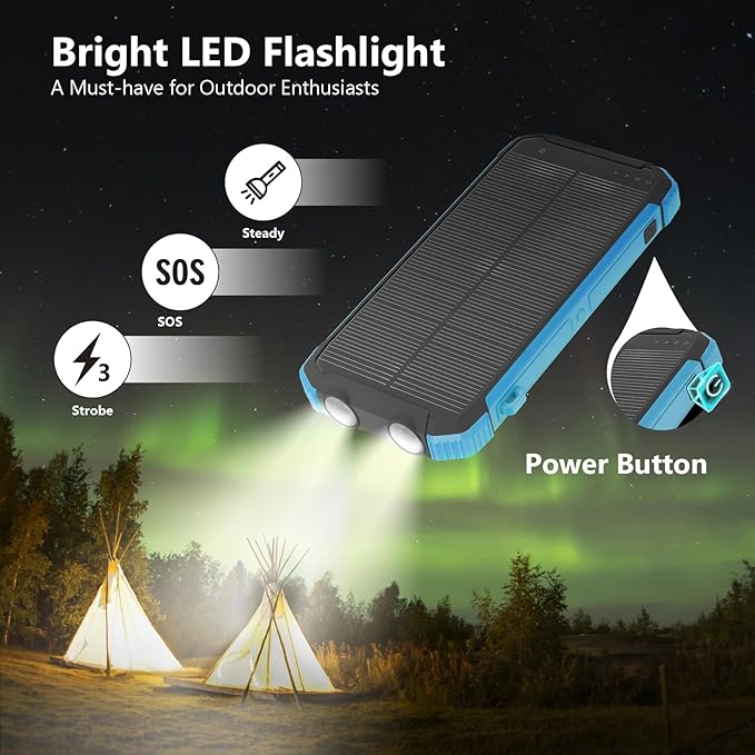 Solar Charger Power Bank 20,000mAh Portable Wireless Charger, Fast Charging External Battery Bank with 6 Outputs for Cell Phones,Portable Solar Panel with Dual Flashlight for Camping