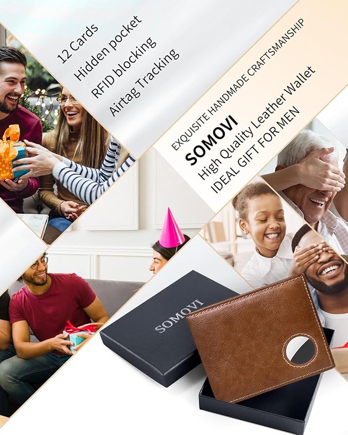 Mens Wallet with AirTag Holder, Genuine Leather Bifold RFID Blocking Wallet for Men - 2 ID Window 13 Cards Holders 1 Gift Box, AirTag Not Included