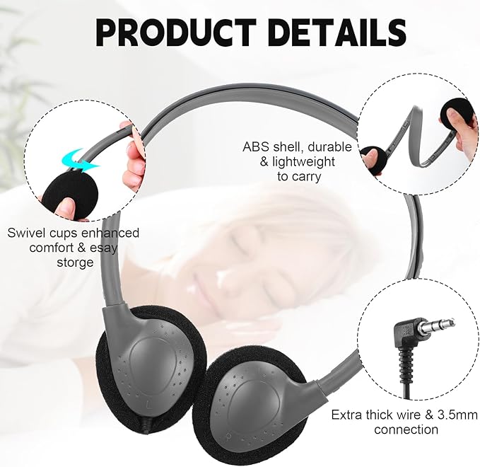 Konohan 30 Pack Headphones Bulk Headphone for School Classroom Student Wired Headphones Adjustable with 3.5 mm Jack for Adults (Grey)