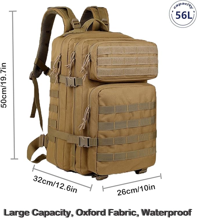 56L Tactical Backpack, Military Molle Backpack Army 3 Day, Waterproof Durable Hiking Rucksack for Men, 24H Outdoor Survival Bug Out Bag for Camping, Travel, Hunting, Khaki