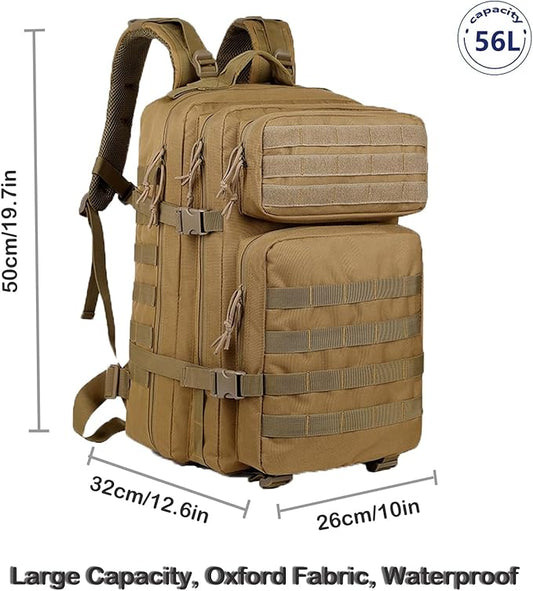 56L Tactical Backpack, Military Molle Backpack Army 3 Day, Waterproof Durable Hiking Rucksack for Men, 24H Outdoor Survival Bug Out Bag for Camping, Travel, Hunting, Khaki