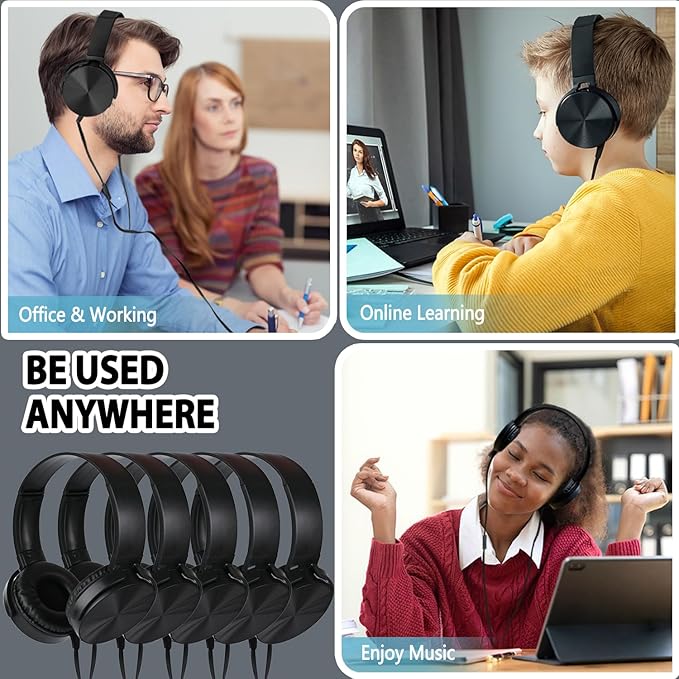 24 Pack Classroom Headphones Bulk with Microphone for Kids School Students, Wholesale Durable Wired Headsets Class Set for Children and Adult (24, Black)