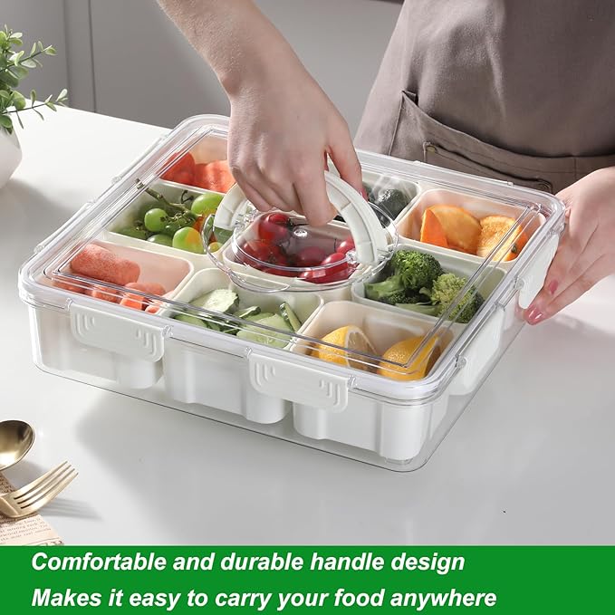 Taiuloo Divided Serving Tray with Airtight Lid and Handle, 9 Compartment Snackle Box Container, Portable Snack Platters, Clear Fridge Organizer & Food Storage for Veggie, Fruit, Charcuterie, Nuts