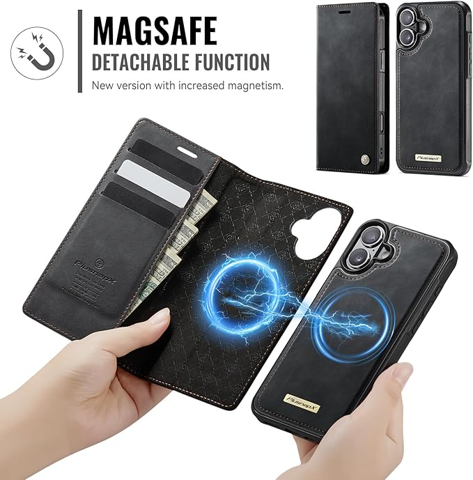 PlusnapX Wallet Case for iPhone 17 Compatible with Magsafe, 2-in-1 PU Leather Flip RFID Blocking Card Holder Stand Shockproof Magnetic Detachable Cover for iPhone 17 Case 6.3", Black