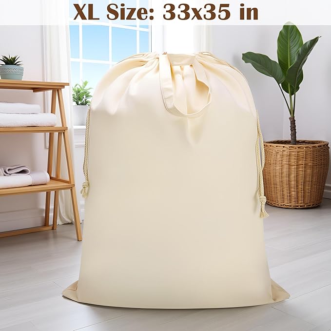 Canvas Laundry Bag 33"x 35", Thick Cotton Laundry Bag with Handles & Drawstring, Extra Large Heavy Duty Washable Basket Liner Hamper Liner Canvas Storage Sack (Beige XL, 1 Pack)