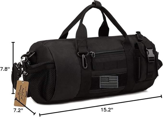 ArcEnCiel Small Tactical Duffle Bag Men Gym Pack Military Molle Shoulder Bags Shoes Storage Sports Handbag with Patch (Black)
