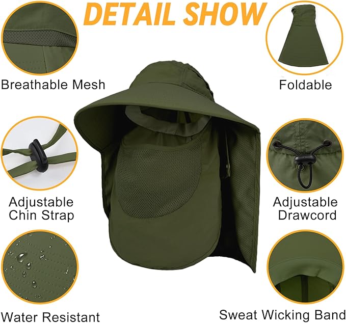 Sun Hats for Men Women Detachable Face Cover Wide Brim Fishing Hats with Neck Flap UPF 50+ Outdoor Safari Hats