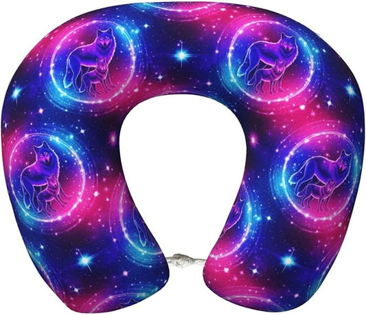Travel Neck Pillows for Sleeping Rest Car Airplanes Purple Blue Galaxy Cool Wolf Art, Memory Foam with Removable Breathable Zipper Cover Washable for Men Women