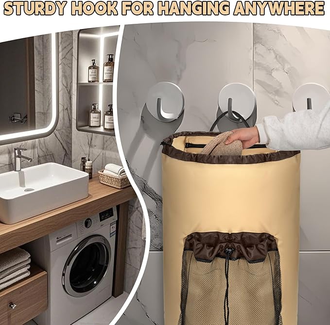 Laundry Bag Backpack with Shoulder Straps and Mesh Pocket Foldable Clothes Hamper Bag with Drawstring Closure for College, Apartment, Laundromat (Brown)