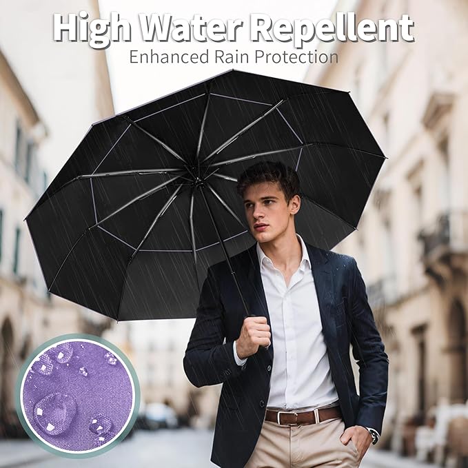 Seniny Travel Umbrella with Carabiner Handle, Windproof Large Umbrellas for Rain with Dual-Rib Structure, Portable Compact Umbrella with Reflective Strip, Car Backpack UV Umbrellas for Sun Protection