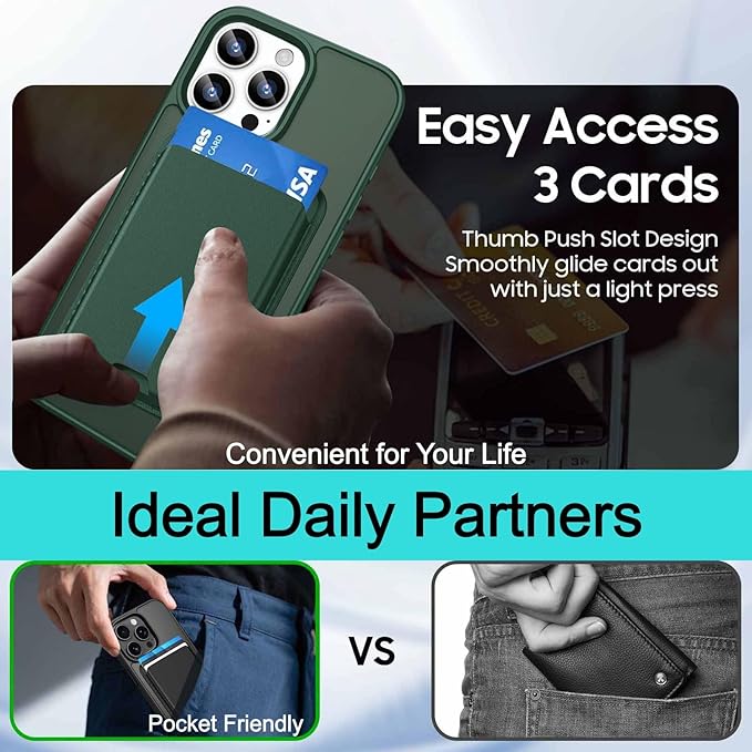 Ntwinro Magnetic for iPhone 16 Pro Max Case (Compatible with MagSafe) with Detachable Wallet & Card Holder for 3 Cards [RFID Blocking] Military Grade Protective Slim Phone Cover, Green