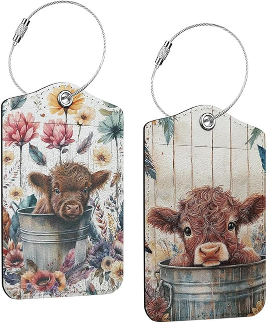 2 PCs Cow Print Stuff Luggage Tag, Suitcase Tags with Privacy Flap and Metal Loop, Luggage Tags for Suitcases, Identifiers Travel Essentials Bag Tag, Cow Gifts for Women Girls Friends Daughter