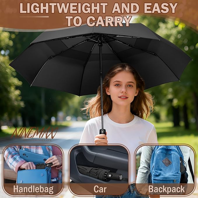 NINEMAX Windproof Travel Umbrella for Rain, Automatic Umbrellas Double Canopy Vented Compact for Men Women(Black)
