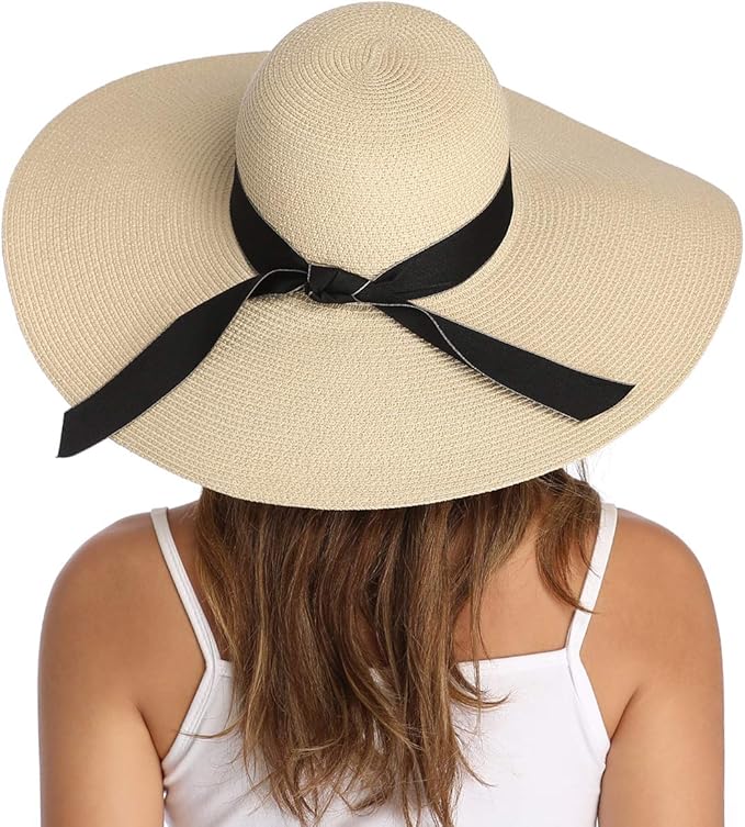 Lanzom Womens Wide Brim Straw Hat Big Floppy Foldable Roll up Cap Beach Sun Hat UPF 50+