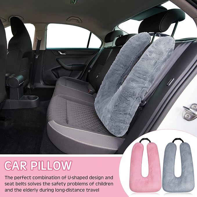 Barydat 2 Pcs Car Travel Pillow for The Back Seat 28 x 18 in Sleeping Reading Pillows for Long Distance Travel Car Cushion for Kids Adults Head and Body Support U Shaped Pad for Travel(Gray, Pink)