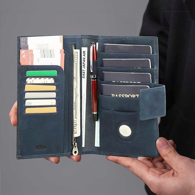 CONTACTS Full Grain Leather Family Passport Holder for 4 Airtag Passport Wallet RFID Blocking Travel Passport Cover with 4 Passport Slot, 6 Card Slot (Blue)