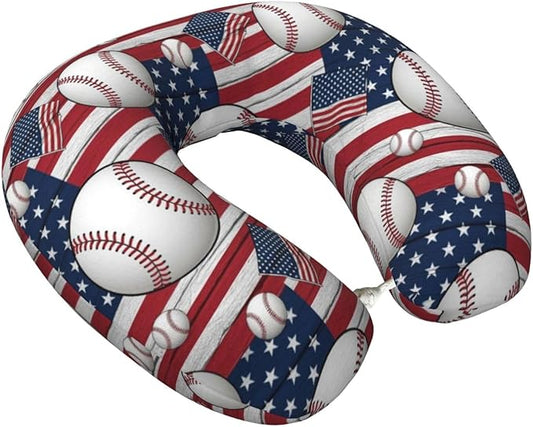Travel Pillow Chin Neck Support, Comfortable Airplane Car Pillows for Rest, Memory Foam U Shaped Office Home Nap Sleeping Cushion Rustic Wooden American Flag Baseball Sport