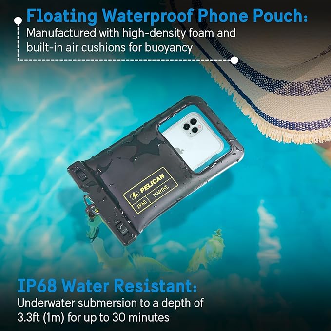 Pelican 2 Pack Marine - IP68 Waterproof Phone Pouch (XL Size) Floating Waterproof Phone Case - Beach Cruise Ship Travel Essentials - Works with All Phones - Detachable Lanyard - Black/Hi-Vis Yellow | 2 Pack, Marine, XL Size, Detachable Lanyard