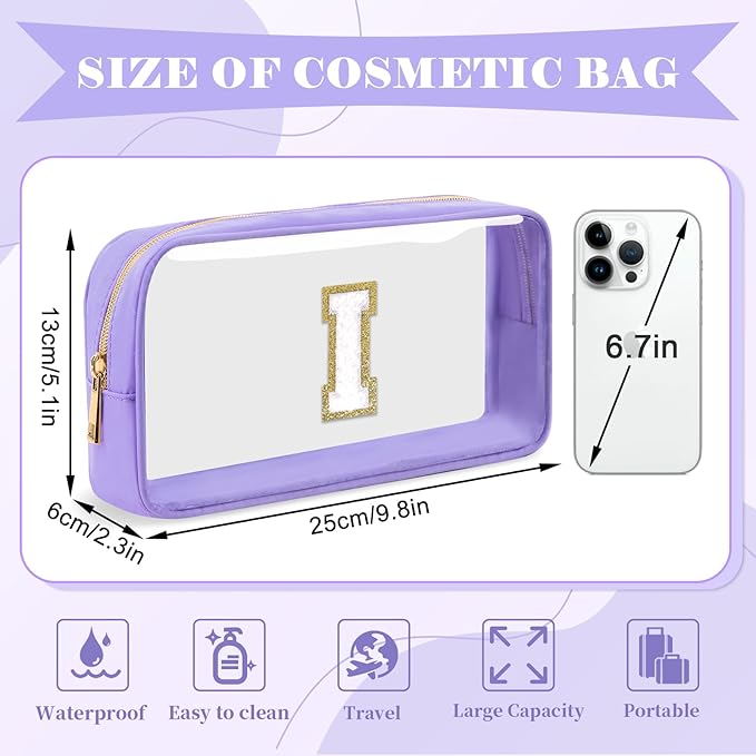 Personalized Initial Letter Clear Makeup Bag,Preppy Small Nylon&PVC Cosmetic Zipper Bag with Chenille Letter,Travel Skincare Toiletry Bag,Monogram Christmas Gift for Teen Girls Women,I