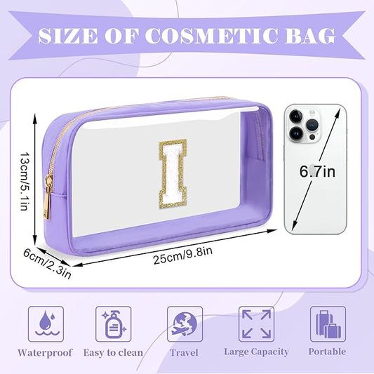 Personalized Initial Letter Clear Makeup Bag,Preppy Small Nylon&PVC Cosmetic Zipper Bag with Chenille Letter,Travel Skincare Toiletry Bag,Monogram Christmas Gift for Teen Girls Women,I