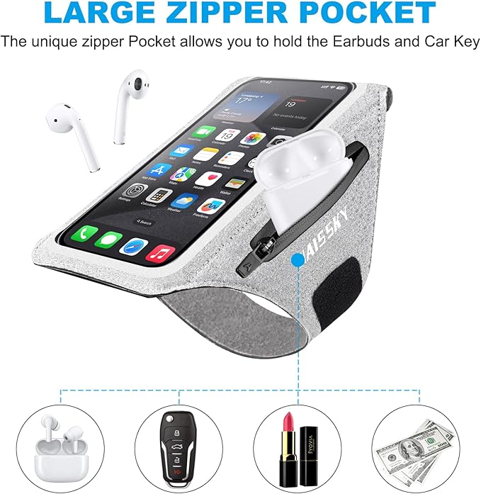 Cell Phone Running Armband with Earbuds Zipper Pocket Armband Case Running Holder for iPhone 16 Pro Max/15/14 Pro Max/13/12 /11 Pro Max/XS/XR,Galaxy S20 S10,Sweatproof Arm Band with Card/Key Bag