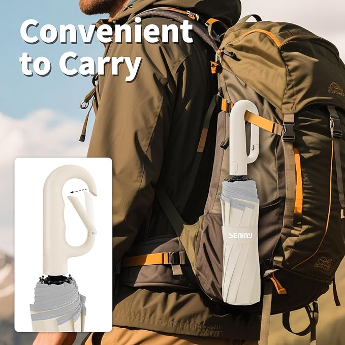 Seniny Travel Umbrella with Carabiner Handle, Windproof Large Umbrellas for Rain with Dual-Rib Structure, Portable Compact Umbrella with Reflective Strip, Car Backpack UV Umbrellas for Sun Protection