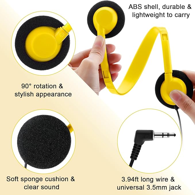 Yunsailing 30 Pack Bulk Headphones Set Over Ear Headphones with Adjustable Headband 3.5mm Plug Headsets Earphones for Learning Program, Computer Lab, Library, Testing & Multimedia Use (Yellow)