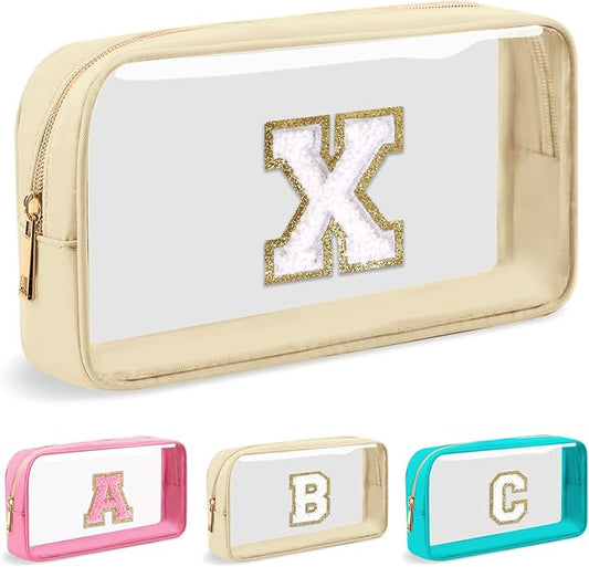 Personalized Initial Letter Clear Makeup Bag,Preppy Small Nylon&PVC Cosmetic Zipper Bag with Chenille Letter,Portable Beach Travel Skincare Toiletry Bag,Trendy Monogram Gift for Teen Girls Women,X