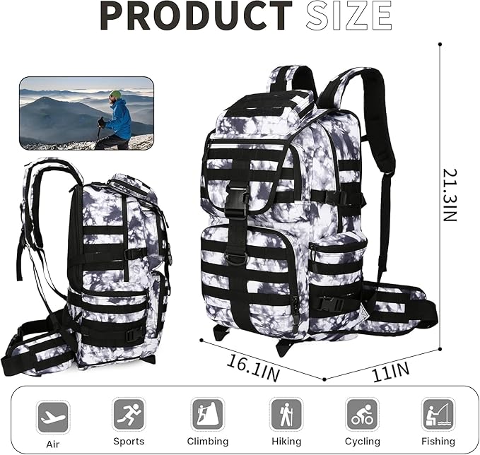 HongXingHai 50L Military Tactical Backpack 3 Day Assault Pack Molle Daypack Hiking Backpack for Men and Women (Black white Tie-Dye)