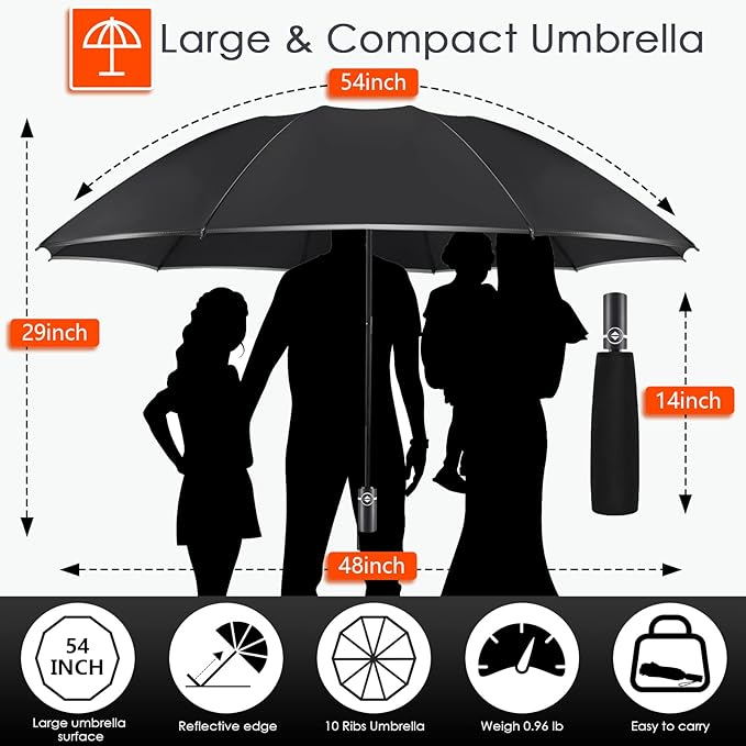 Bodyguard Inverted Umbrella - Large Windproof for Rain & Sun, Compact Reverse With Reflective Stripe, Teflon-Coated for Women Men, Travel Folding With Cover Bag