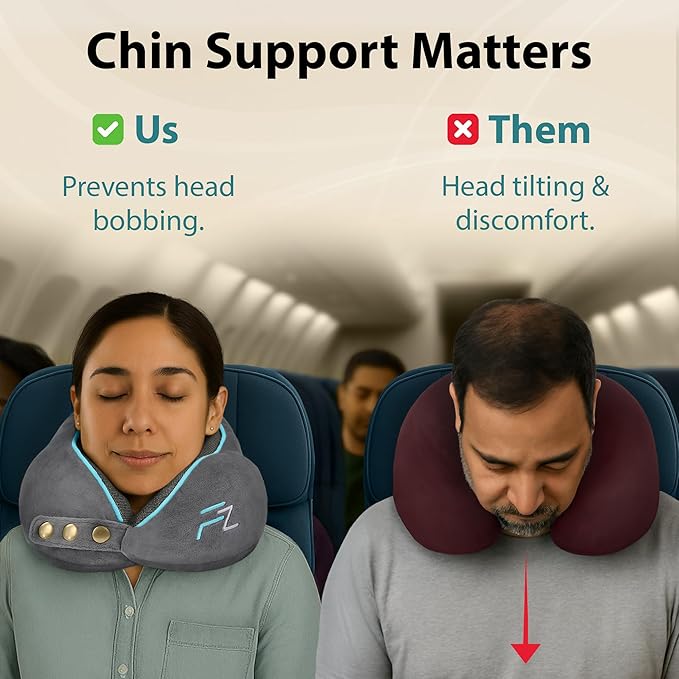 FLOWZOOM Memory Foam Travel Pillow for Airplanes & Car Rides - Adjustable Airplane Pillow with 360° Chin and Neck Support for Comfy Naps, Extra-Soft Washable Neck Pillow Cover, Squeezy Mesh Bag - Grey