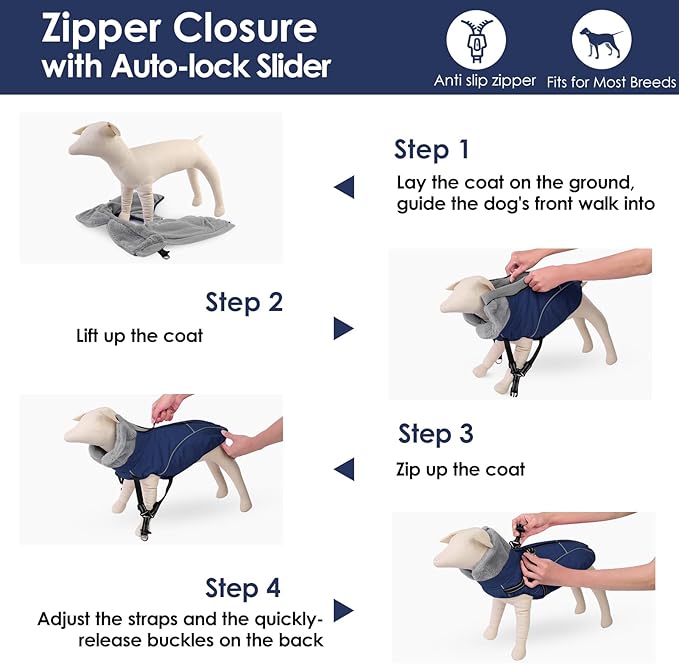 AOFITEE Small Dog Coat, XS Dog Jacket Winter with Harness Built in, Warm Fleece Puppy Coat, Waterproof Pet Puffer Jacket Snowsuit with Zipper, Reflective Dogs Cold Weather Coats Sweater, Blue XS