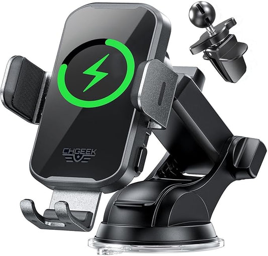 Wireless Car Charger Phone Holder Mount, 15W Fast Charging Auto Clamping Phone Holders for Your Car Dashboard Windshield Air Vent Car Accessories for iPhone, Samsung Galaxy, Google Pixel etc