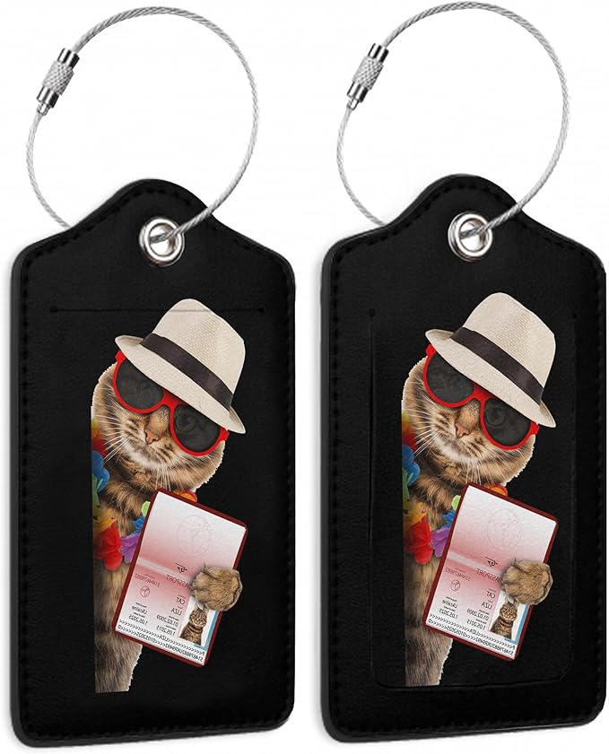 2 Pack Leather Luggage Tag for Suitcase Funny Cat Passport Airline Ticket Unique Travel Tags with Privacy Cover ID Label & Stainless Steel Loop for Men and Women Baggage