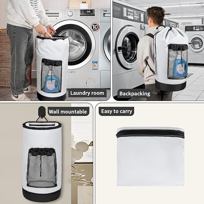 Laundry Bag Backpack with Shoulder Straps and Mesh Pocket Foldable Clothes Hamper Bag with Drawstring Closure for College, Apartment, Laundromat (White)