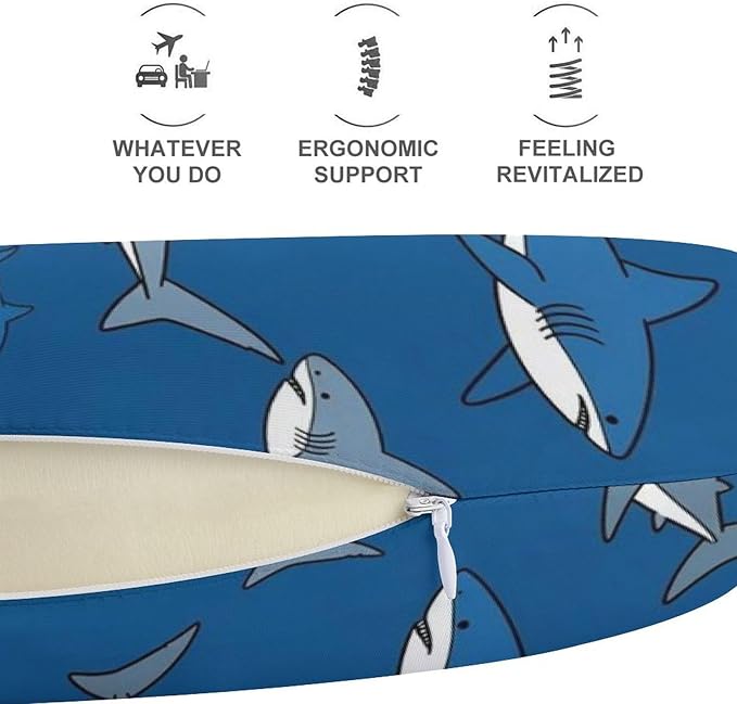 Soft Memory Foam Travel Pillow Chin Support Navy Blue Cartoon Sharks Print, Removable Washable Cover for Airplane Car Home Office Nap