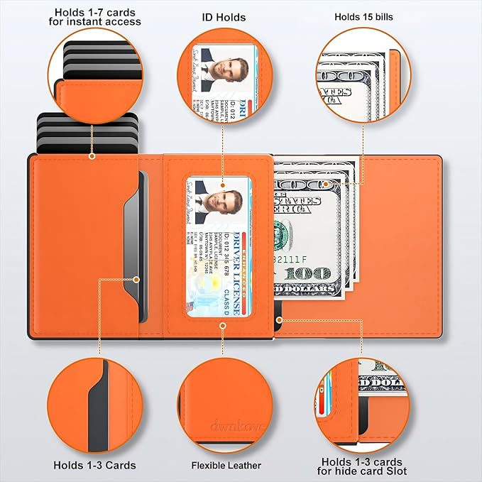 Mens Wallet Card Holder, Slim Wallet for Men, Premium Flexible Leather, Smart Front Pocket Wallet, Aluminum Pop up Case, RFID Blocking, Minimalist, 9-14 Card Capacity | ID Window | Cash Slot