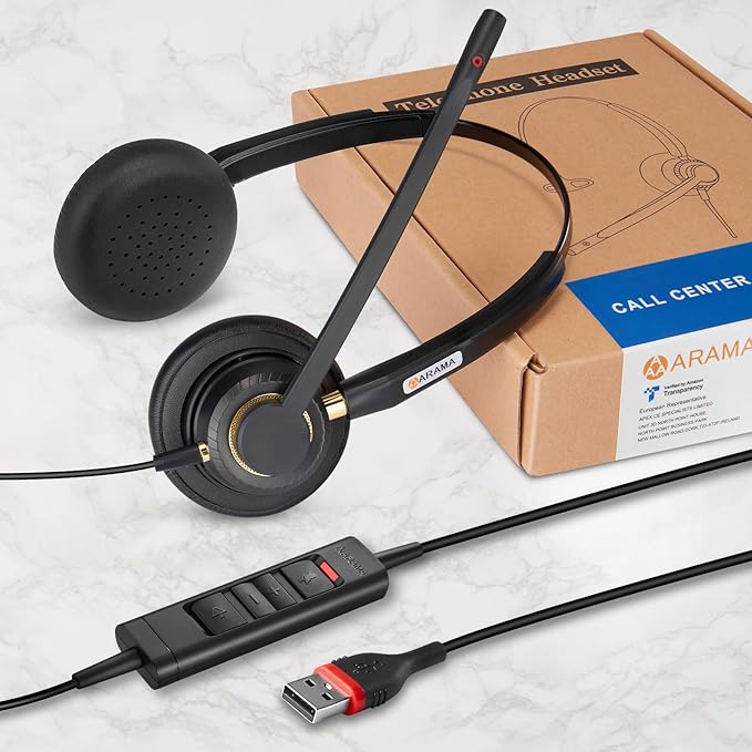 Arama USB Headset with Microphone for PC, Computer Headset, Noise Cancelling Adjustable Volume Control 4.26oz Lightweight 78.74 Inch Long Cord, for Laptop Business Skype UC Webinar Call Center Office