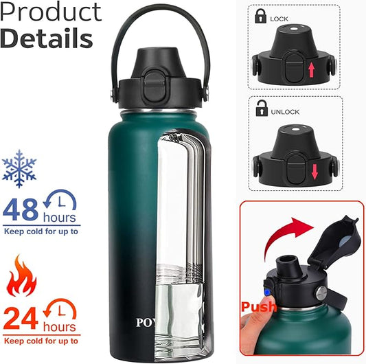 Water Bottle Insulated 32oz 40oz 64oz 128oz Straw Lid Spout Lid & 3 Lids, Leak Proof, Vacuum Insulated,Stainless Steel Water Bottle Wide Mouth for Sports, Gym or Office