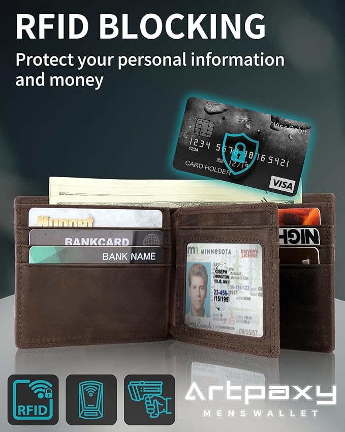 Mens Wallet With AirTag Holder, Bifold Leather RFID Blocking 1-2 ID Windows 12-13 Card Holders, Gift Box and Screen Protector Included, AirTag Not Included